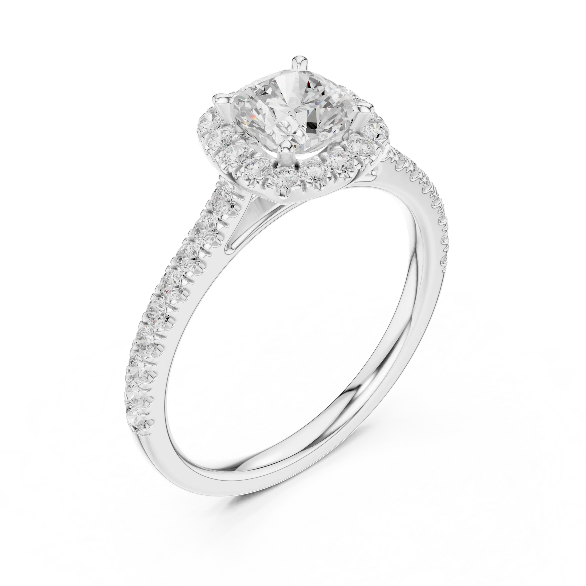 Top Front view of white gold cushion-cut halo ring with pav茅 diamond band and lab-grown center stone