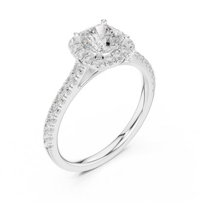 Top Front view of white gold cushion-cut halo ring with pav茅 diamond band and lab-grown center stone