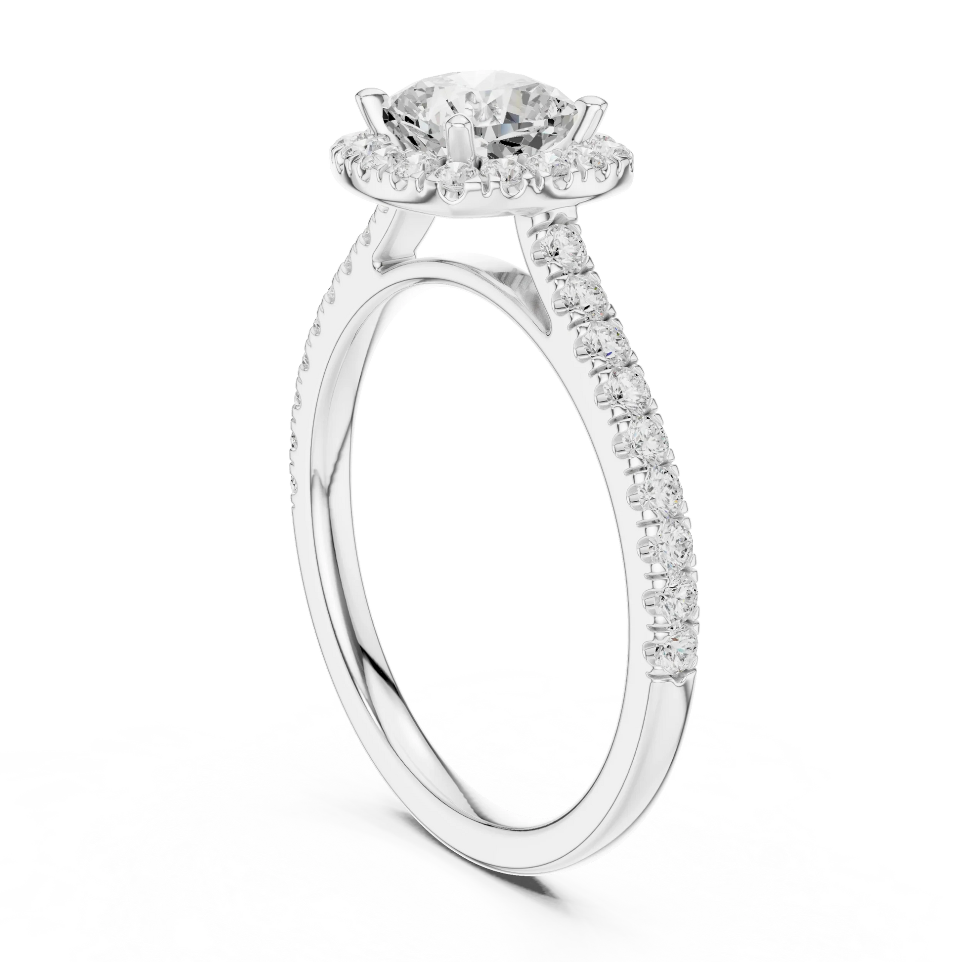 Top side view of white gold cushion-cut halo ring with pav茅 diamond band and lab-grown center stone