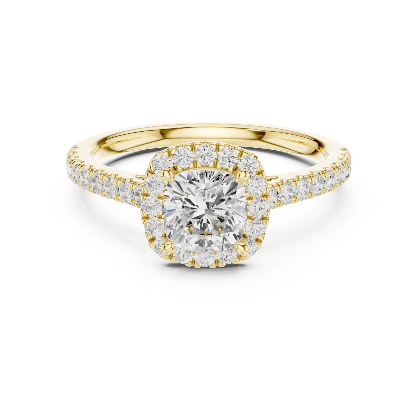 Yellow gold cushion-cut halo ring with pav茅 diamond band and lab-grown center stone