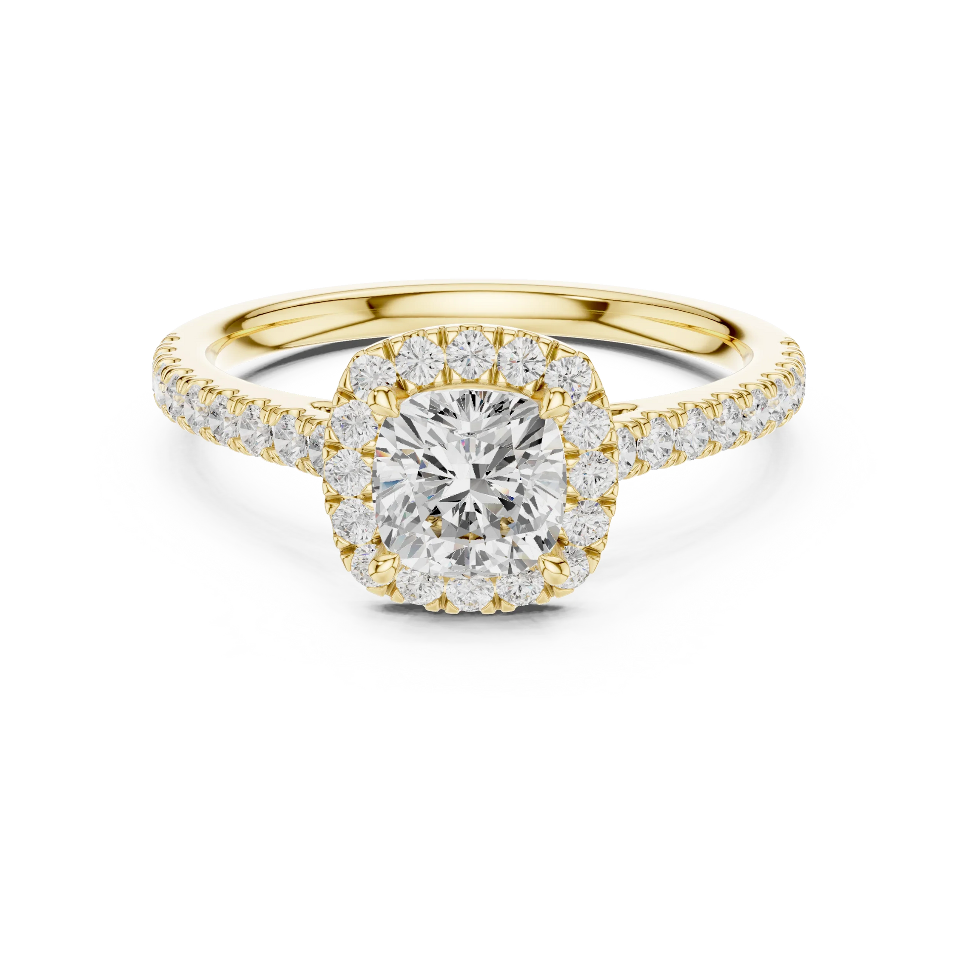 Yellow gold cushion-cut halo ring with pav茅 diamond band and lab-grown center stone