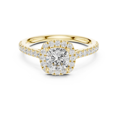 Yellow gold cushion-cut halo ring with pav茅 diamond band and lab-grown center stone