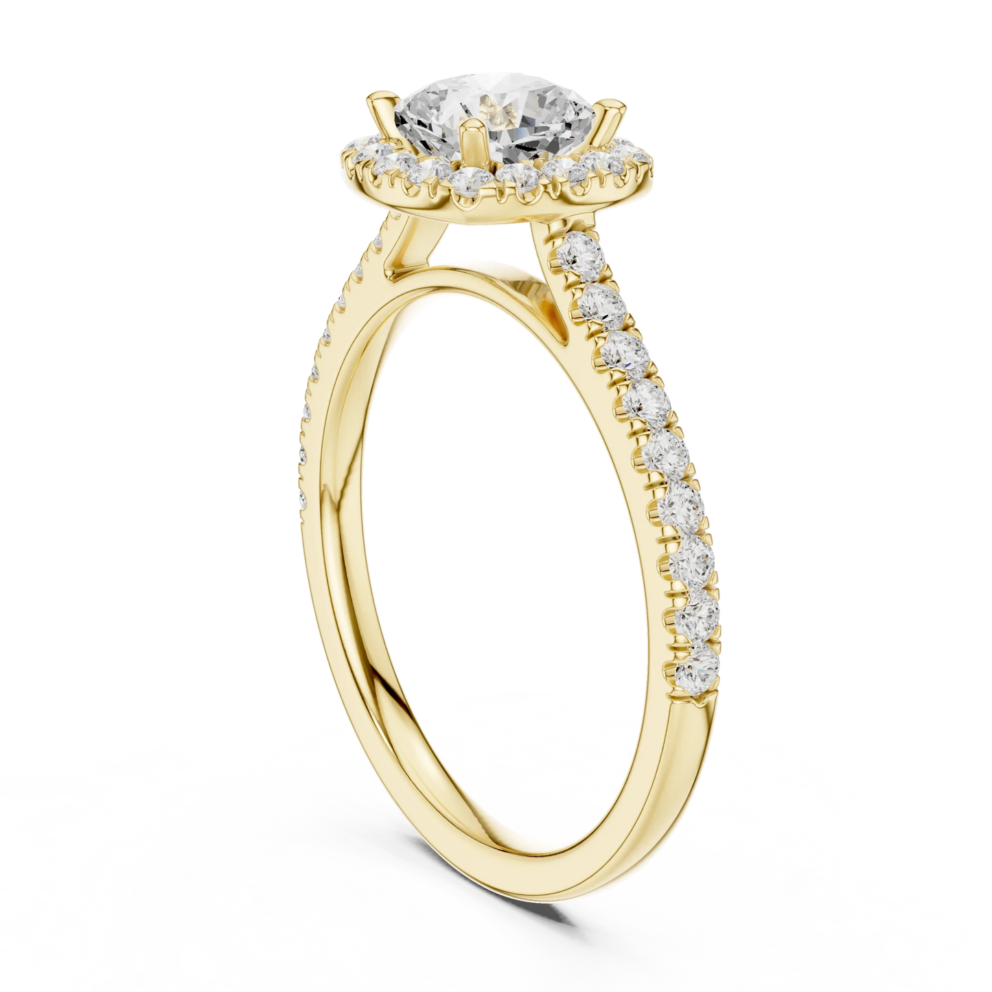 Top side view of yellow gold cushion-cut halo ring with pav茅 diamond band and lab-grown center stone