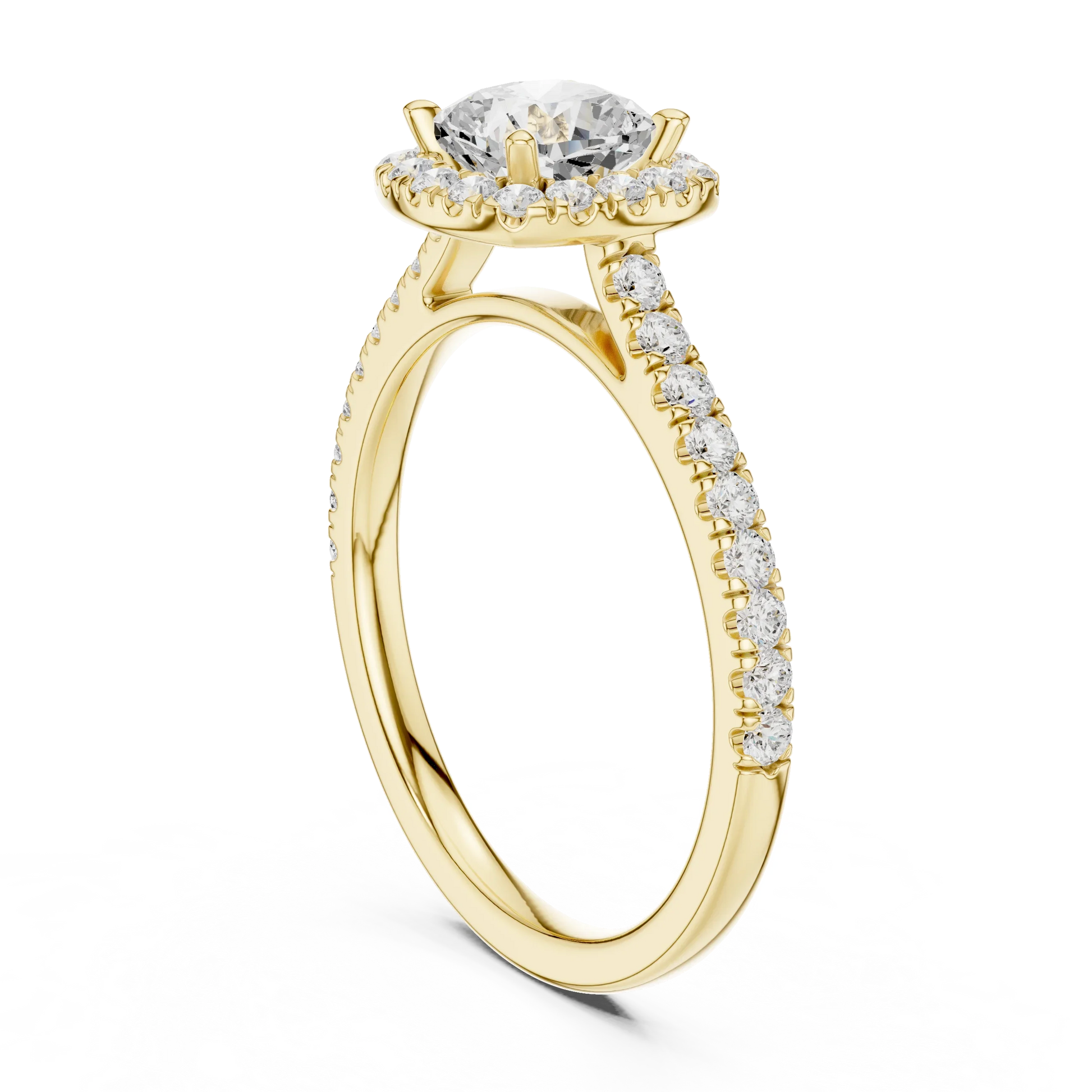 Top side view of yellow gold cushion-cut halo ring with pav茅 diamond band and lab-grown center stone