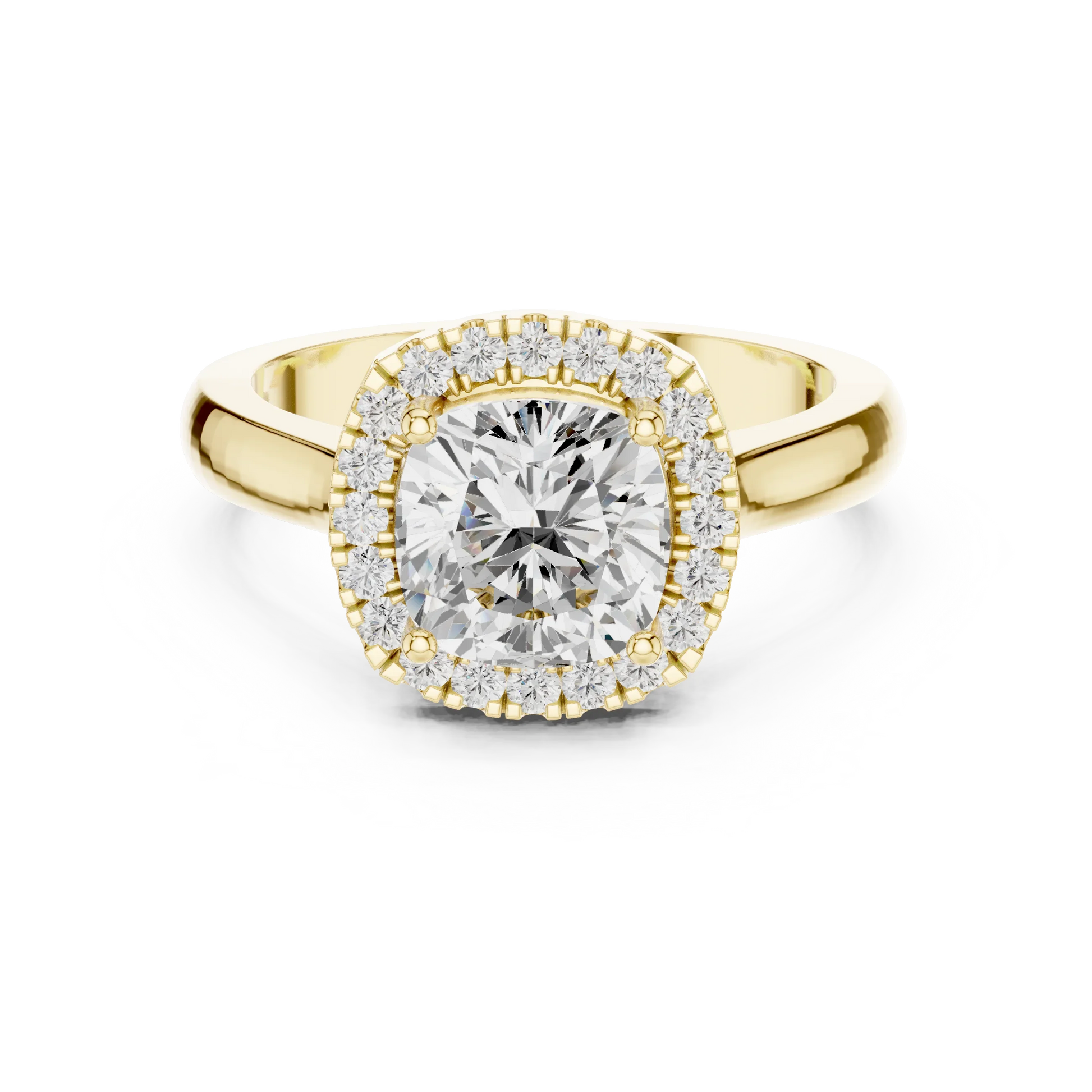 Cushion cut halo ring with lab-grown diamond in yellow gold with classic luxury appeal