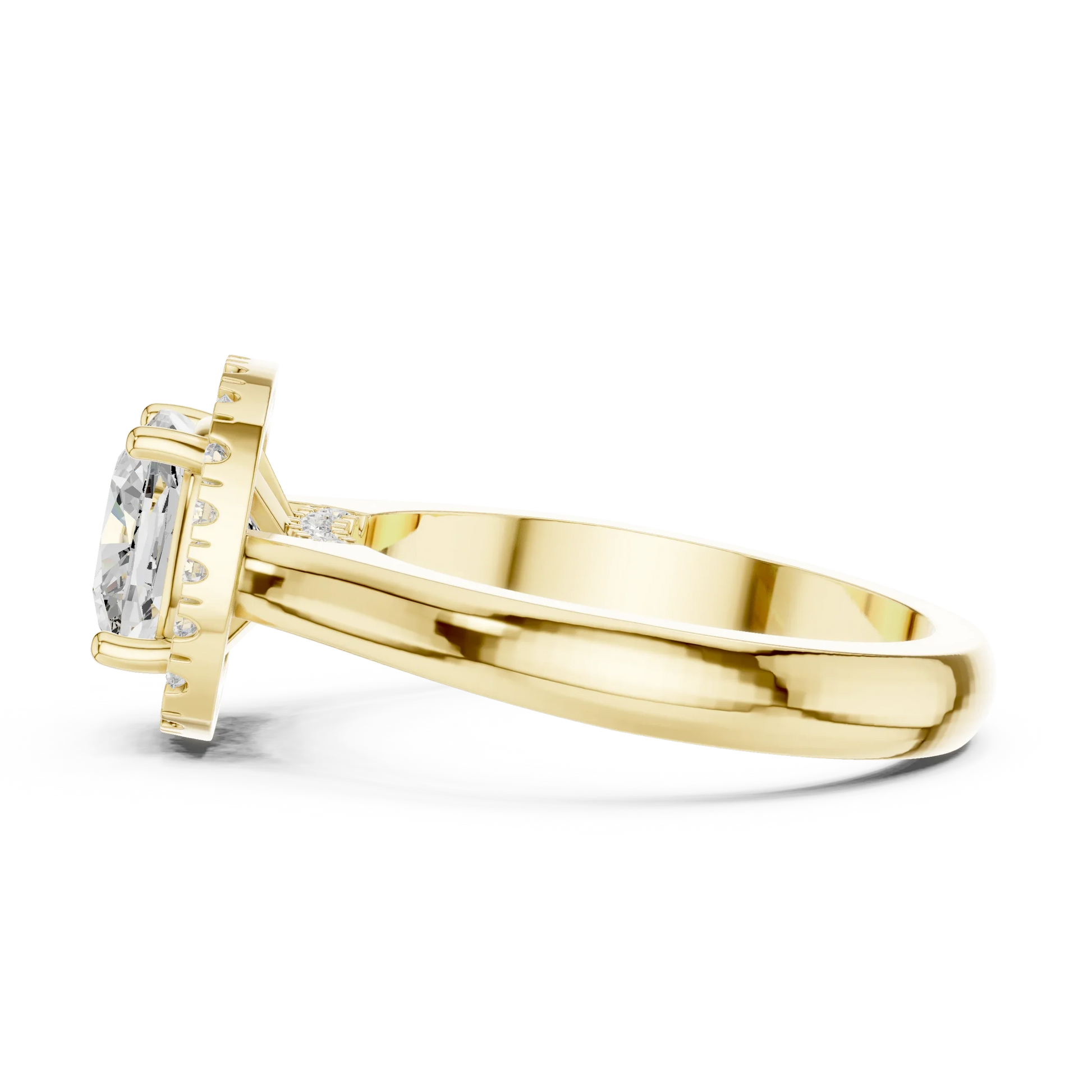 Side profile of yellow gold cushion halo ring highlighting diamond setting and structure