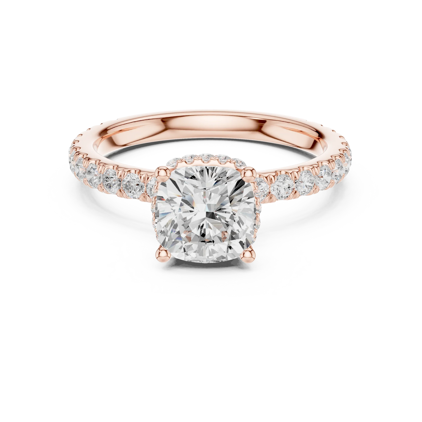 Cushion cut hidden halo ring with pave diamond band in rose gold with cushion lab diamond
