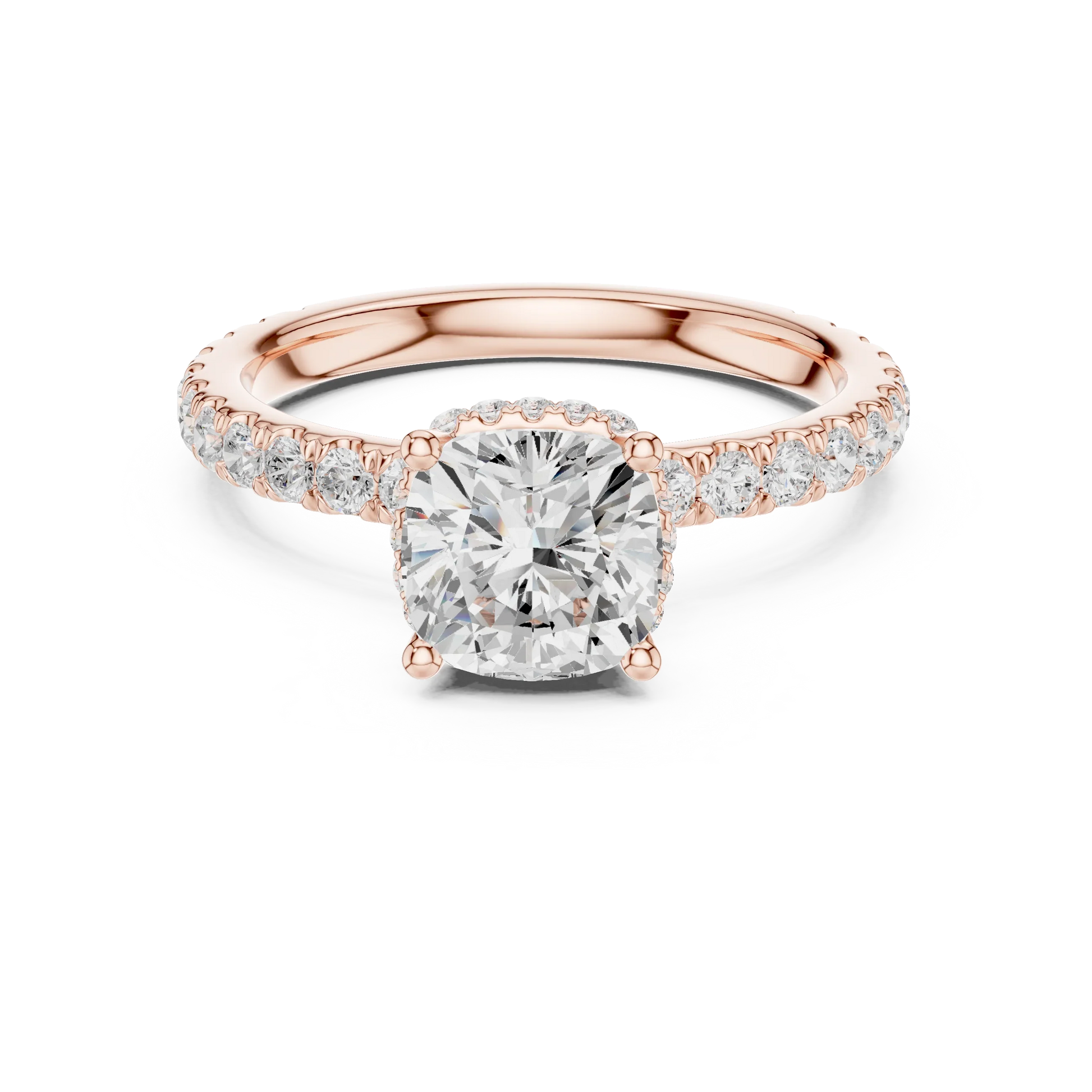 Cushion cut hidden halo ring with pave diamond band in rose gold with cushion lab diamond