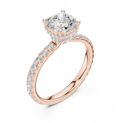 Back view of cushion cut hidden halo ring with pave diamond band in rose gold
