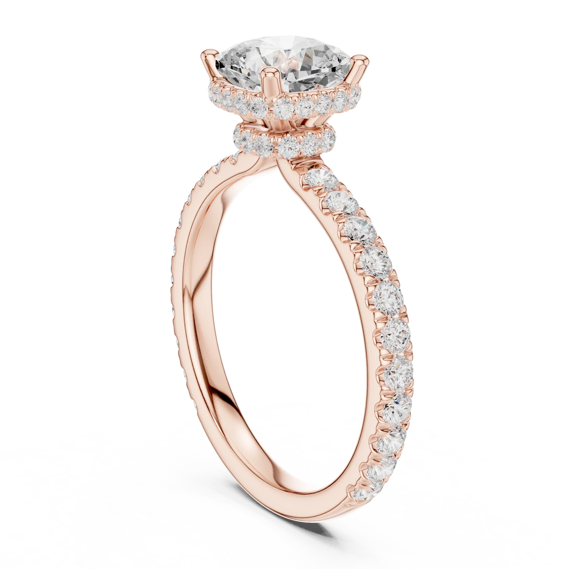 Front view of cushion cut hidden halo ring with pave diamond band in rose gold with cushion lab diamond