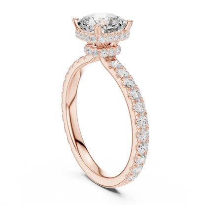 Front view of cushion cut hidden halo ring with pave diamond band in rose gold with cushion lab diamond
