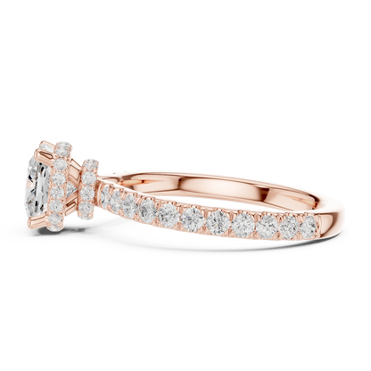 Side view of cushion cut hidden halo ring with pave diamond band in rose gold