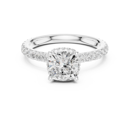 Cushion cut hidden halo ring with pave diamond band in white gold with cushion lab diamond.