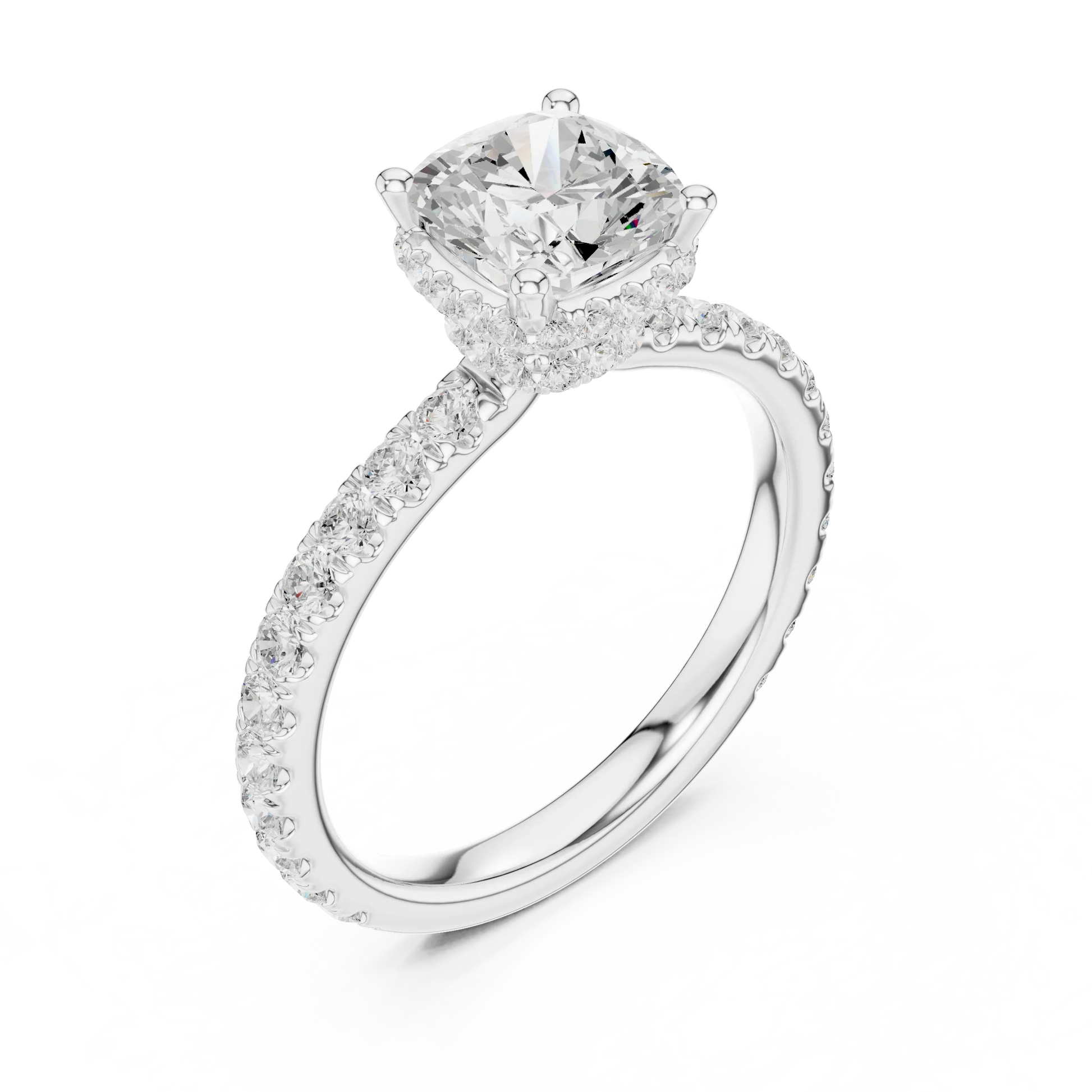 Back view of cushion cut hidden halo ring with pave diamond band in white gold