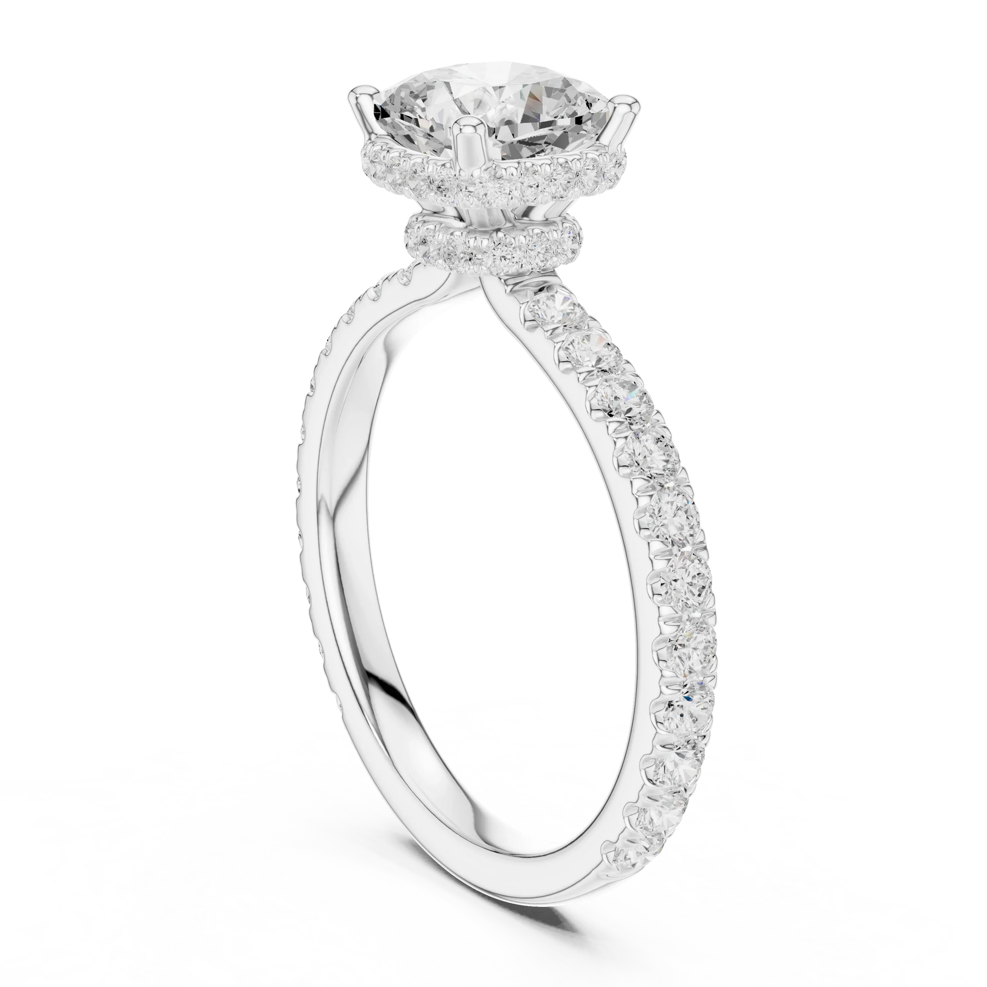Front view of cushion cut hidden halo ring with pave diamond band in white gold with cushion lab diamond
