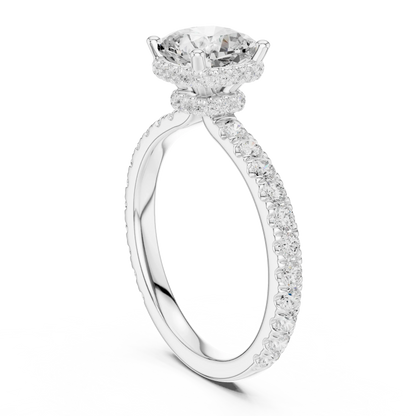 Front view of cushion cut hidden halo ring with pave diamond band in white gold with cushion lab diamond
