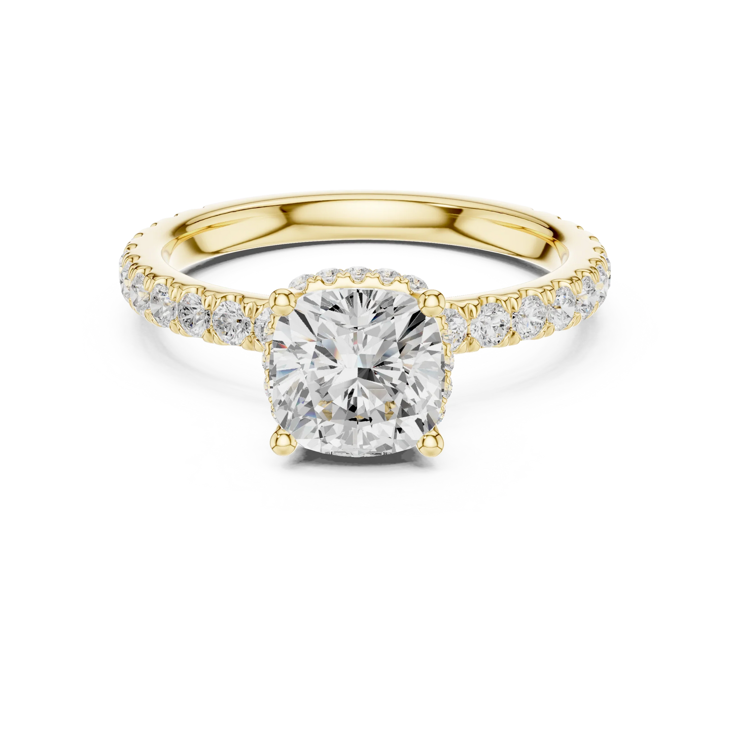 Cushion cut hidden halo ring with pave diamond band in yellow gold with cushion lab diamond