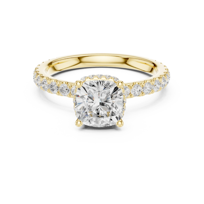 Cushion cut hidden halo ring with pave diamond band in yellow gold with cushion lab diamond