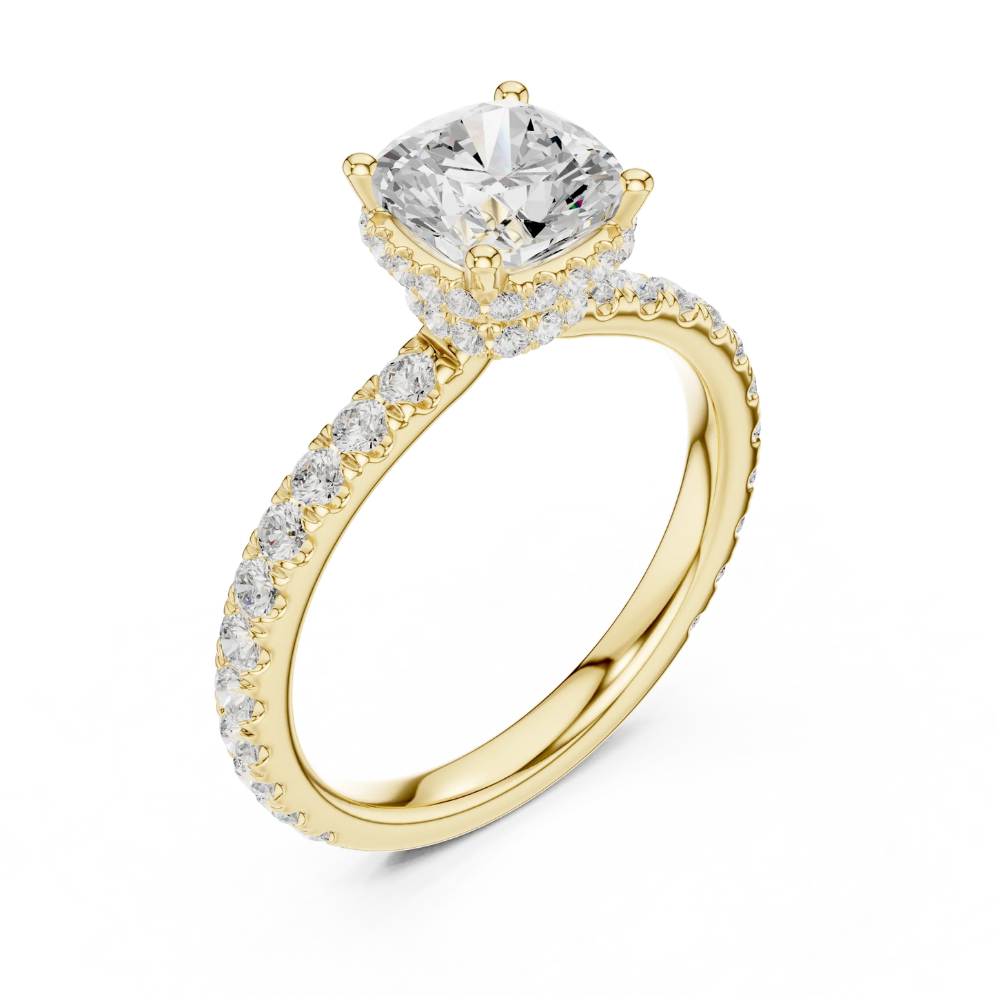 Back view of cushion cut hidden halo ring with pave diamond band in yellow gold