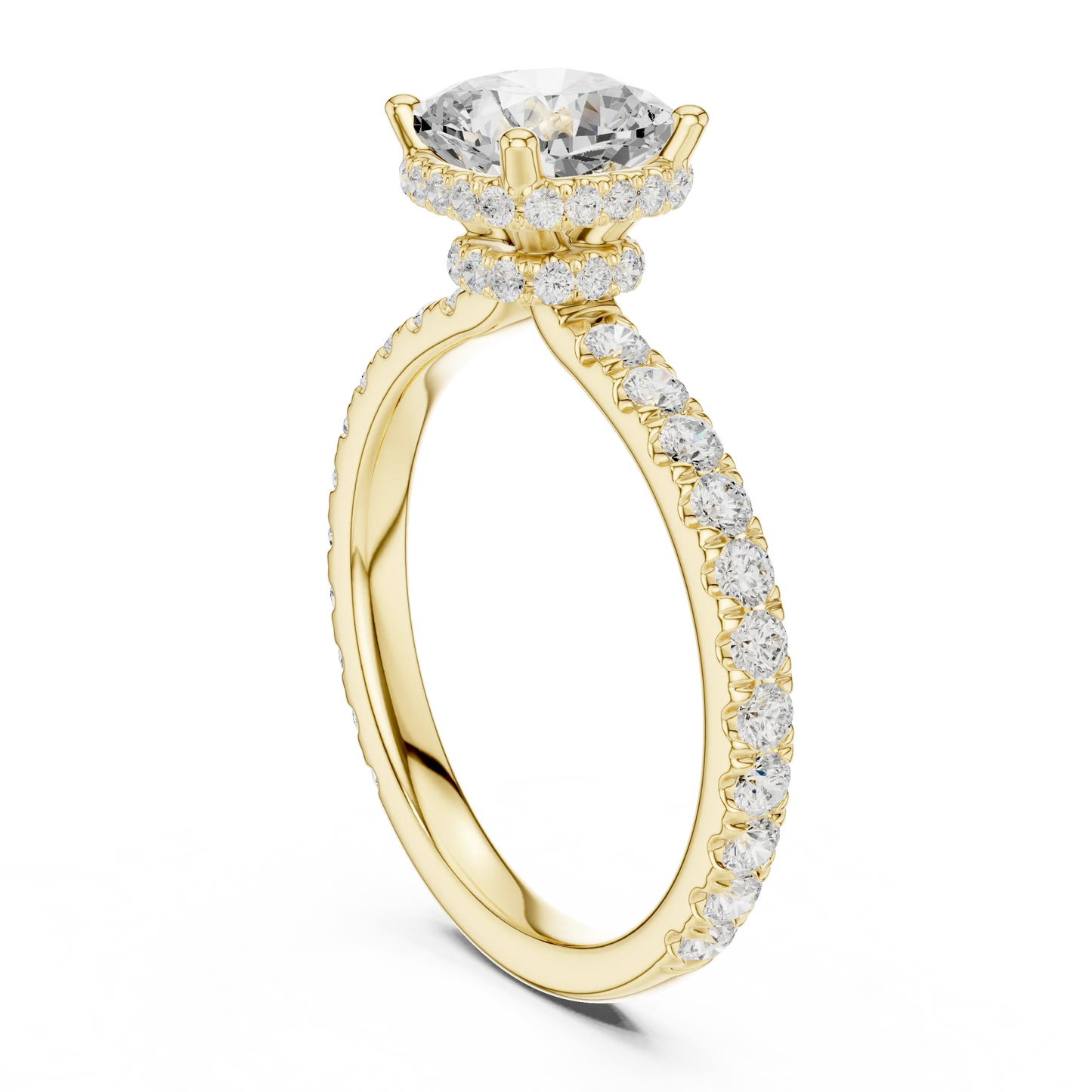 Front view of cushion cut hidden halo ring with pave diamond band in yellow gold with cushion lab diamond