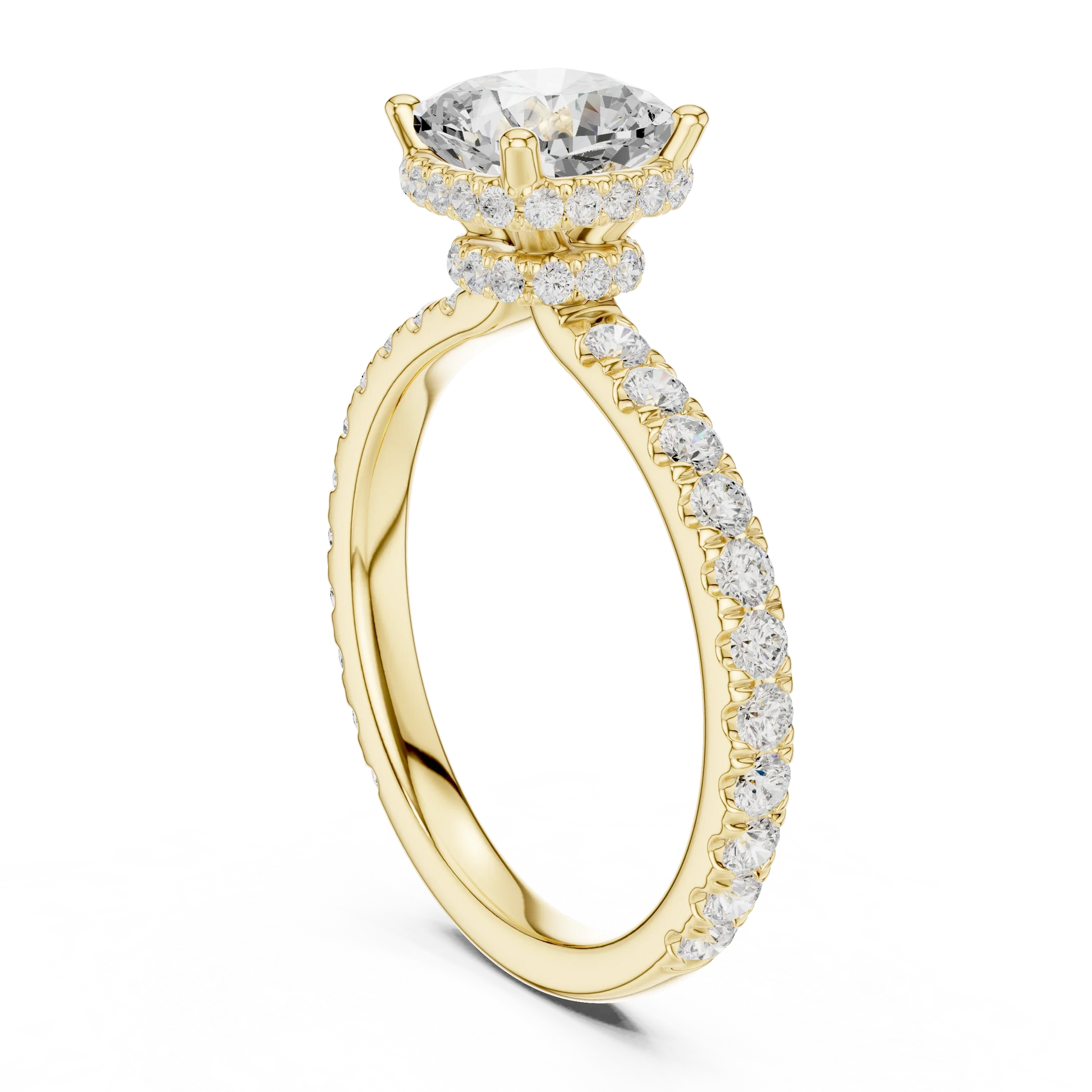 Front view of cushion cut hidden halo ring with pave diamond band in yellow gold with cushion lab diamond