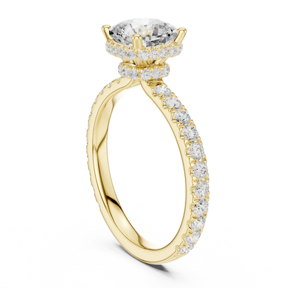 Front view of cushion cut hidden halo ring with pave diamond band in yellow gold with cushion lab diamond