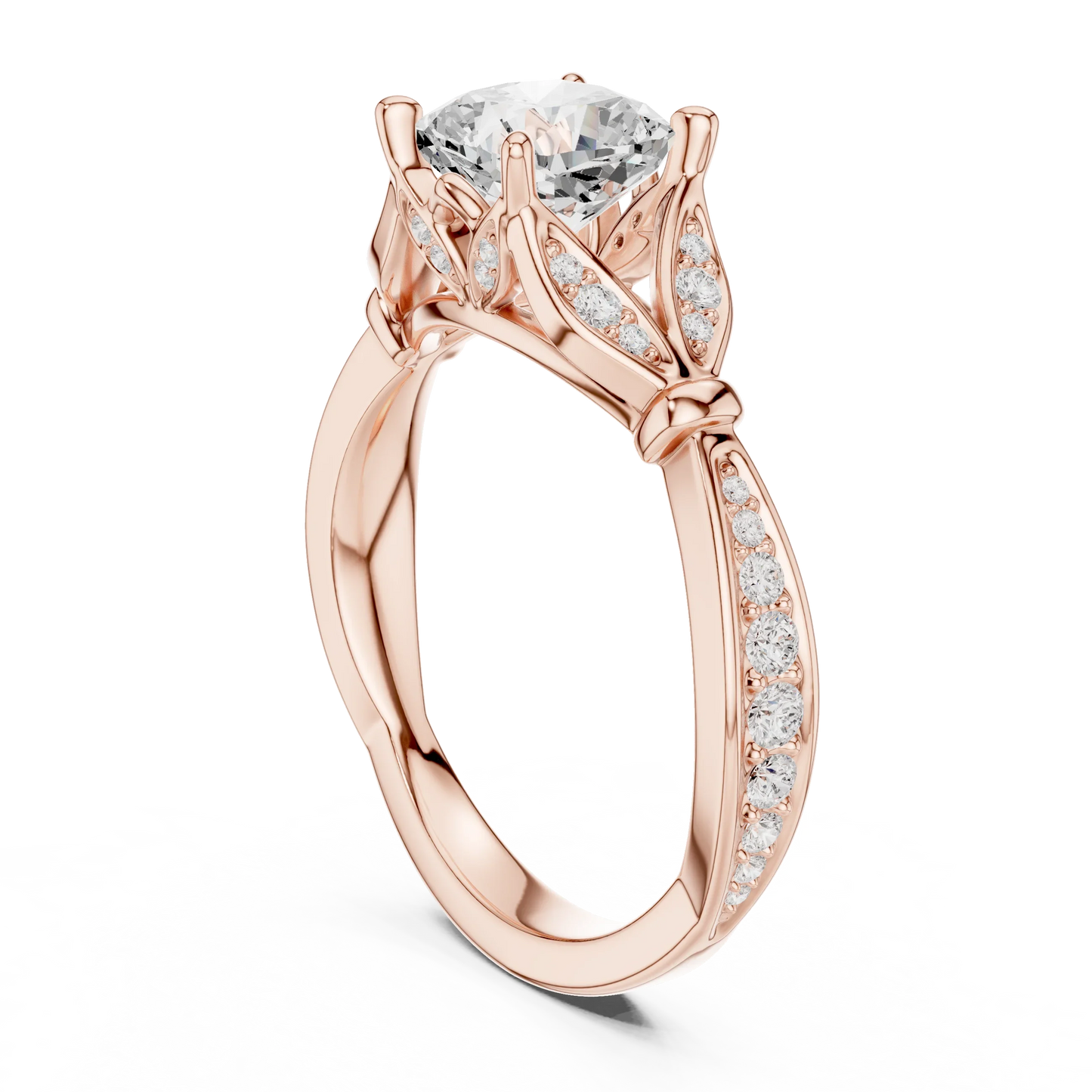 Back side view of rose gold cushion solitaire ring with floral milgrain pave band and lab-grown diamond – Australia