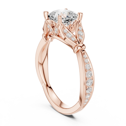 Back side view of rose gold cushion solitaire ring with floral milgrain pave band and lab-grown diamond – Australia