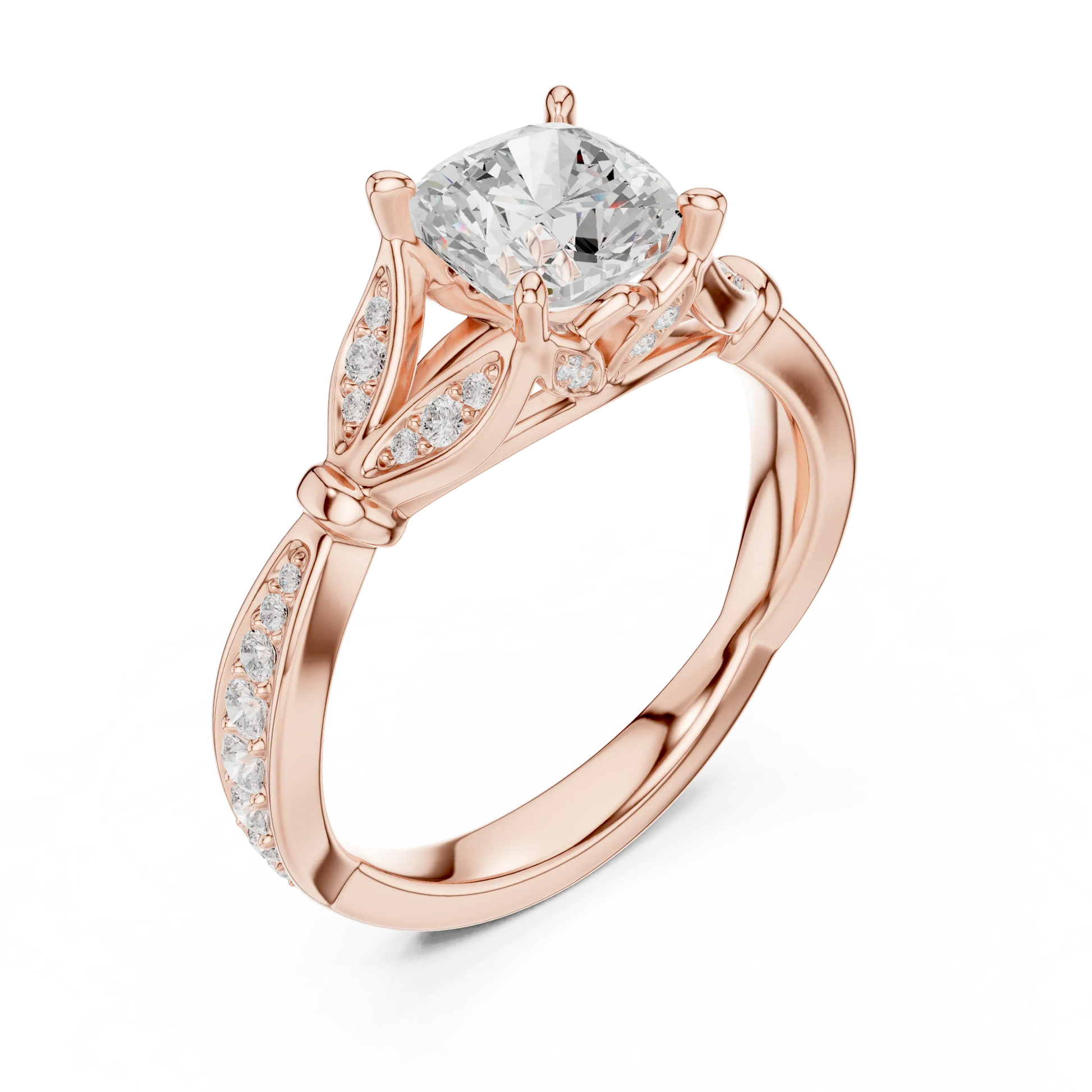 Front view of rose gold cushion solitaire ring with floral milgrain pave band and lab-grown diamond – Australia