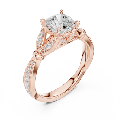 Front view of rose gold cushion solitaire ring with floral milgrain pave band and lab-grown diamond – Australia
