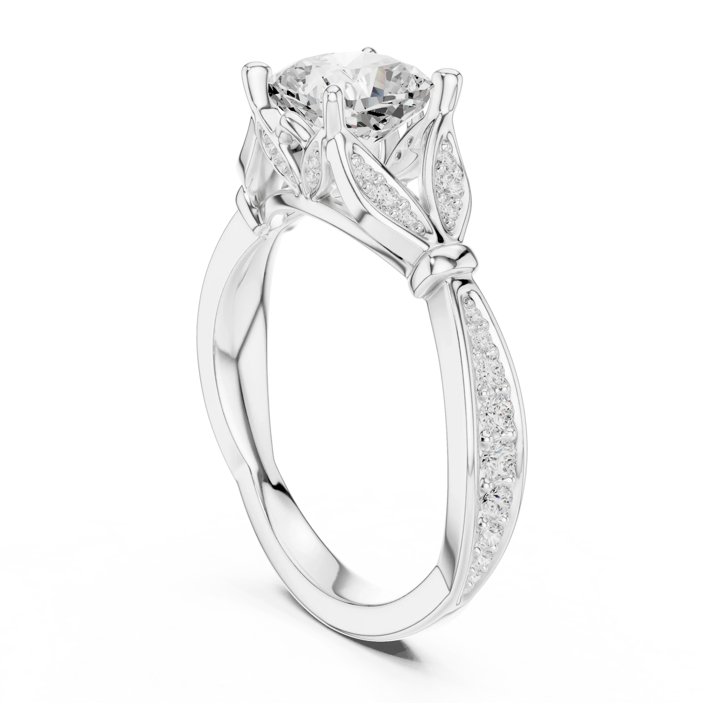 Back side view of white gold cushion solitaire ring with floral milgrain pave band and lab-grown diamond – Australia