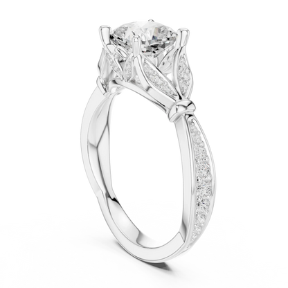 Back side view of white gold cushion solitaire ring with floral milgrain pave band and lab-grown diamond – Australia