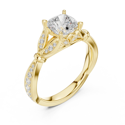 Cushion solitaire ring in yellow gold with floral milgrain pave band and lab-grown diamond – Australia