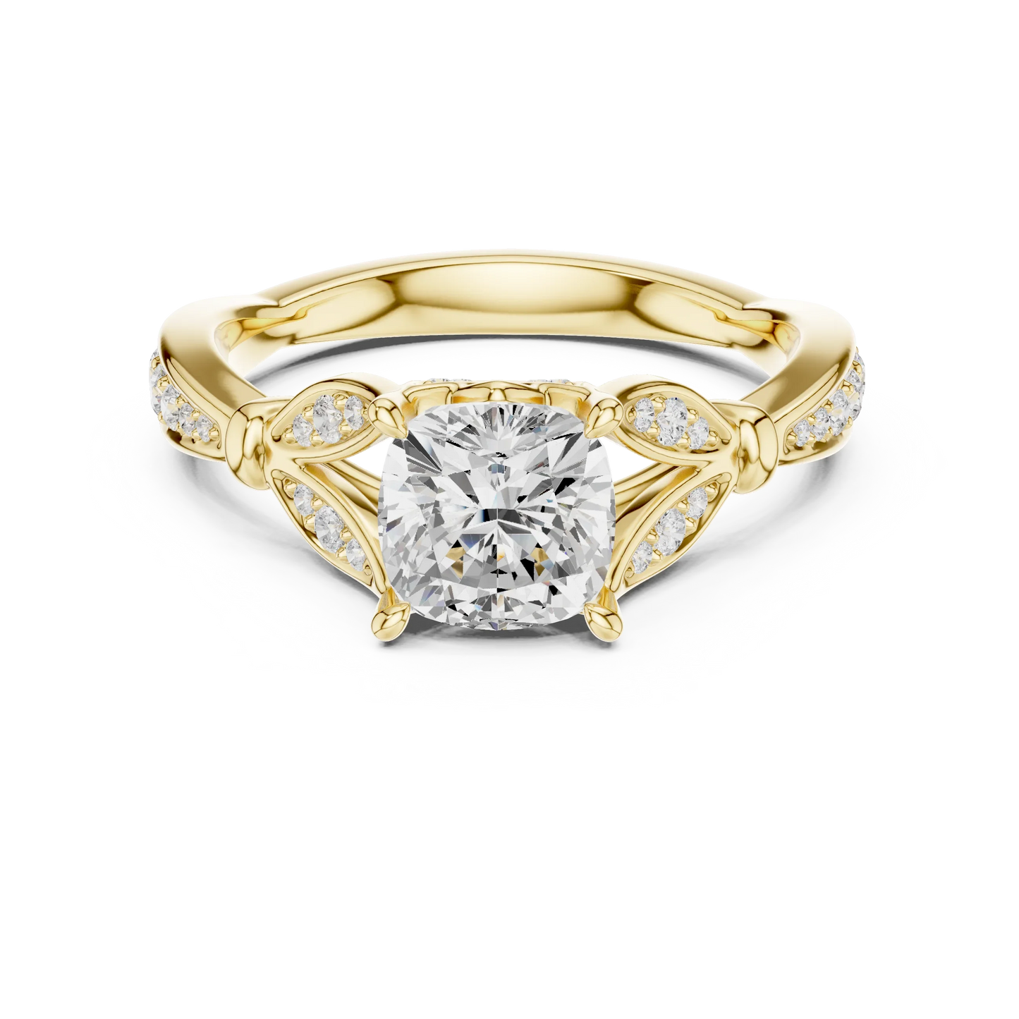 Cushion solitaire ring in yellow gold with floral milgrain pave band and lab-grown diamond – Australia