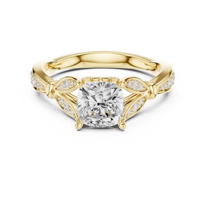 Cushion solitaire ring in yellow gold with floral milgrain pave band and lab-grown diamond – Australia