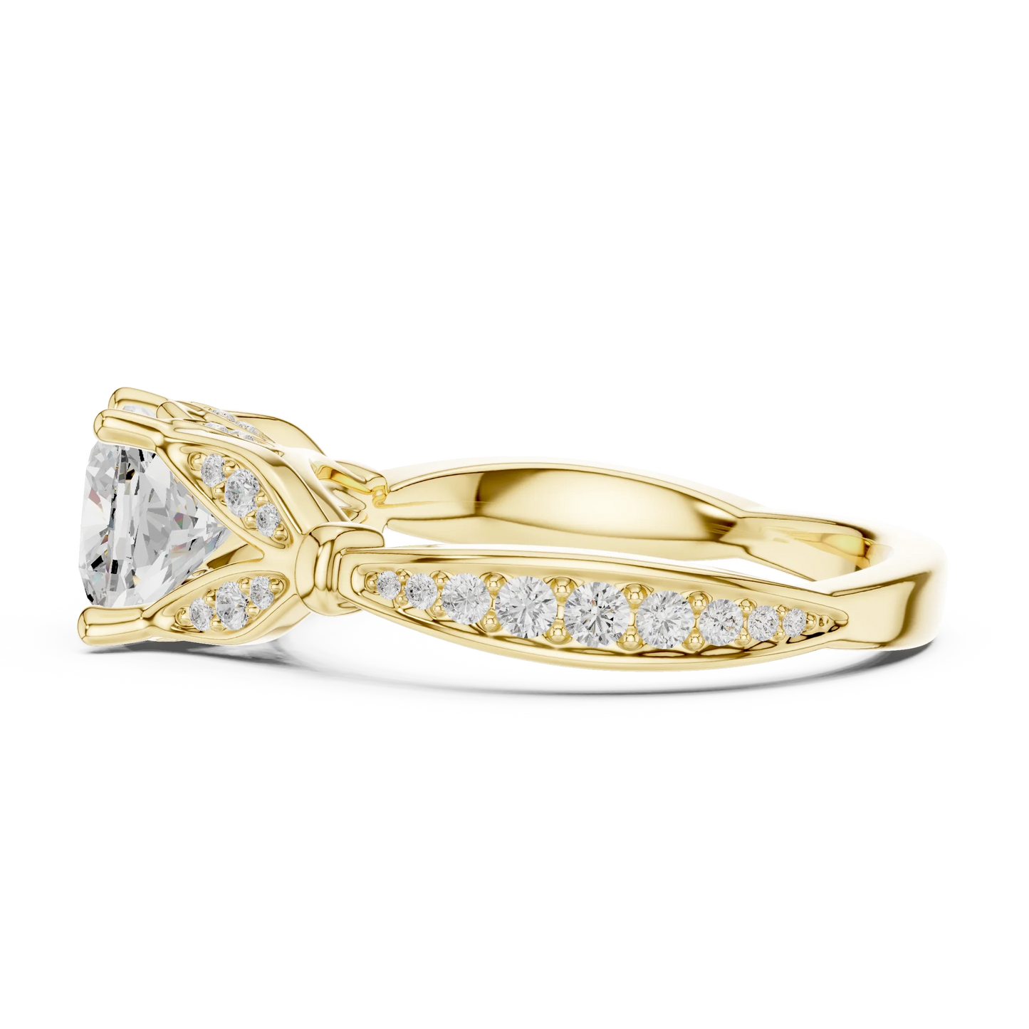 Side view of yellow gold cushion solitaire ring with floral milgrain pave band and lab-grown diamond – Australia