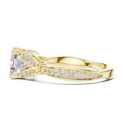 Side view of yellow gold cushion solitaire ring with floral milgrain pave band and lab-grown diamond – Australia