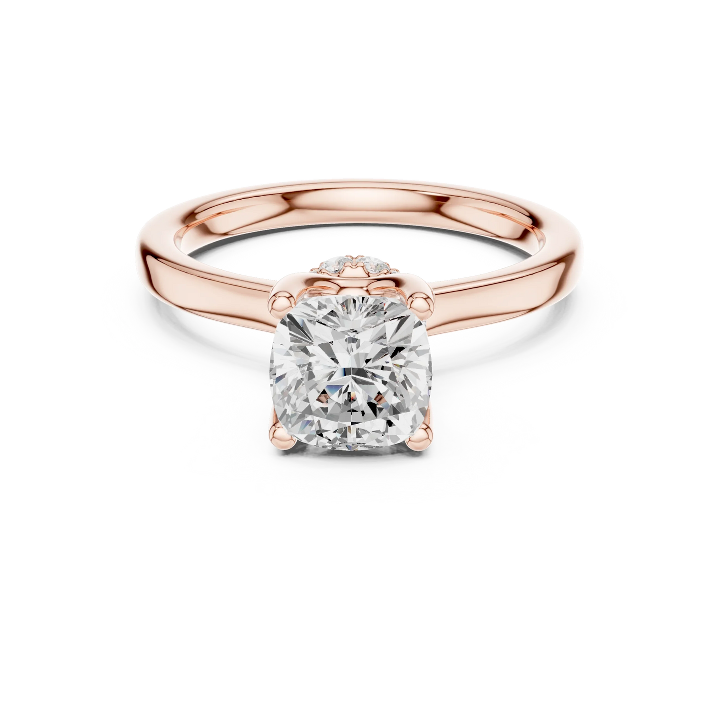 Rose gold cushion cut solitaire ring with hidden halo and domed band featuring lab-grown diamond, modern look