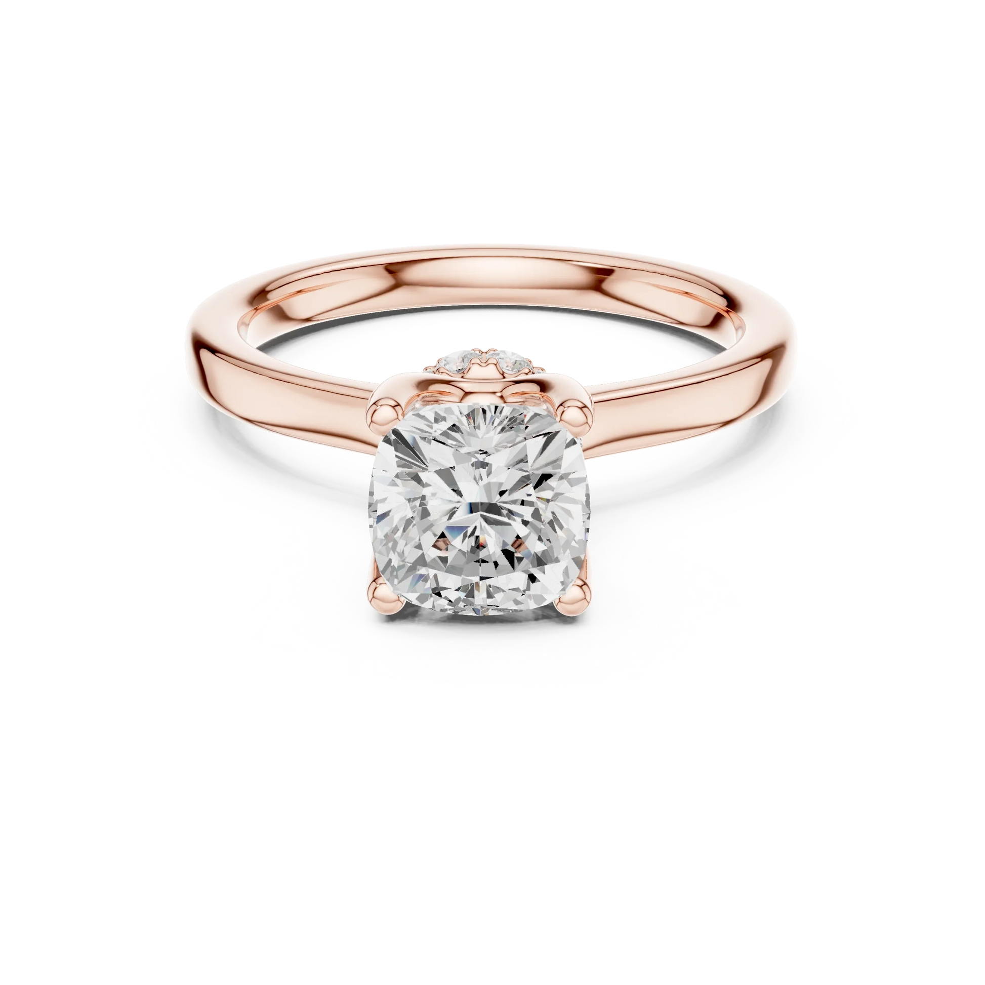 Rose gold cushion cut solitaire ring with hidden halo and domed band featuring lab-grown diamond, modern look