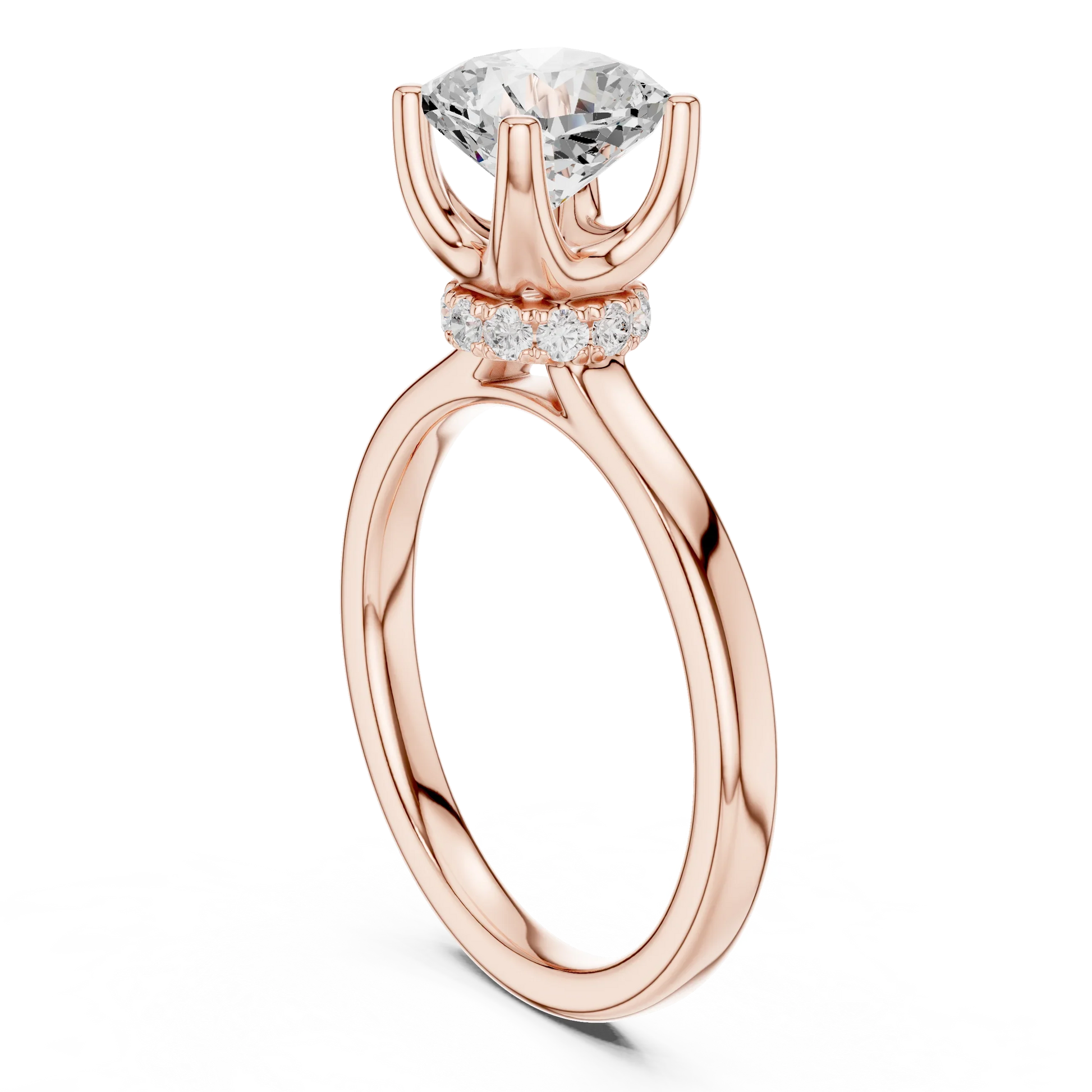 Back view of rose gold cushion cut solitaire ring showing hidden halo and domed band structure