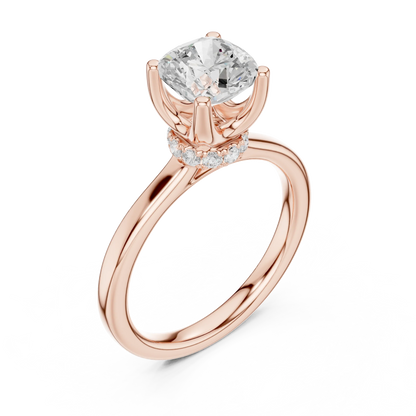 Front view of rose gold cushion cut solitaire ring with hidden halo and domed band and lab-created diamond