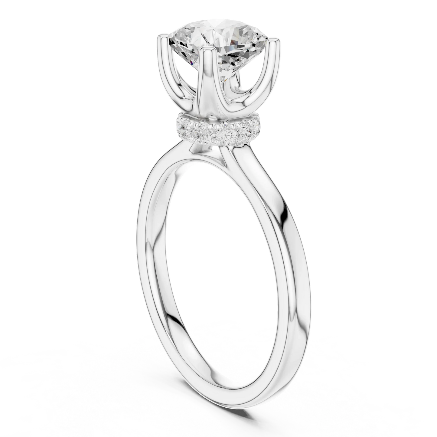 Back view of white gold cushion cut solitaire ring showing hidden halo and domed band details
