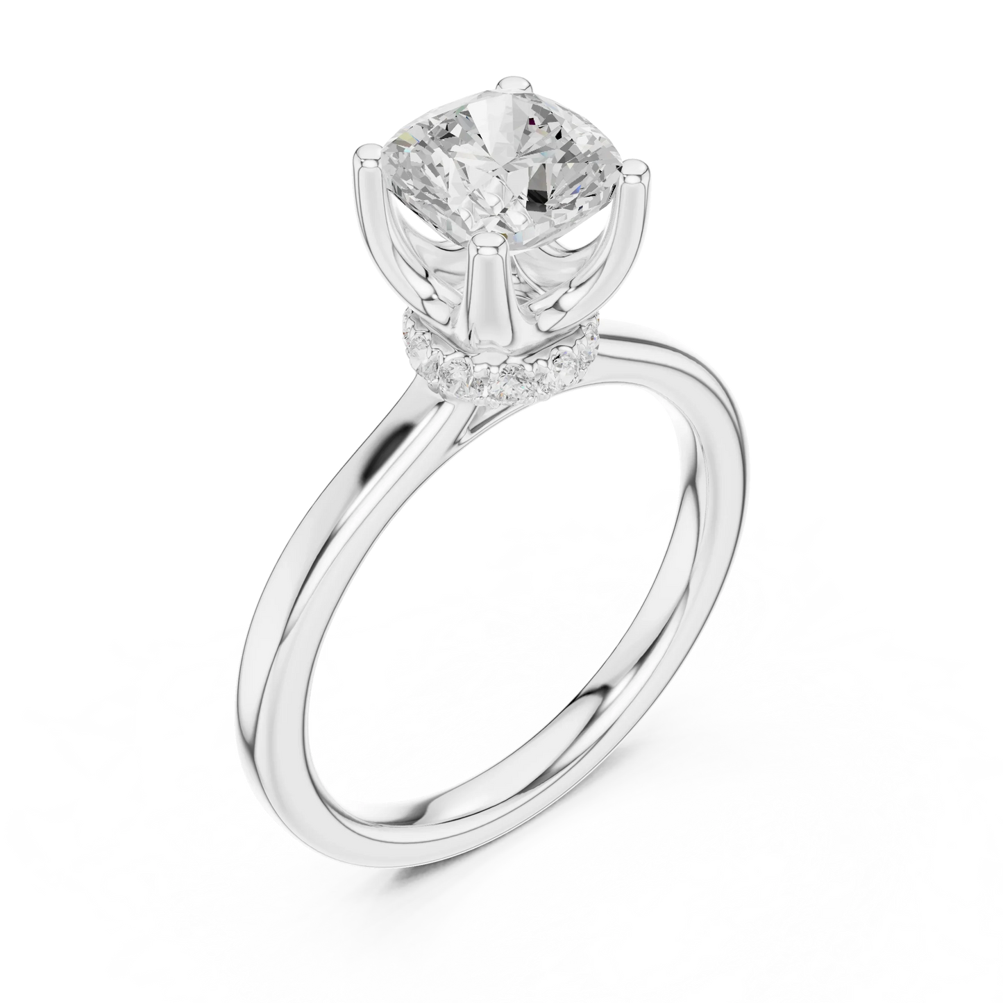 Front view of white gold cushion cut solitaire ring with hidden halo and domed band and lab-created diamond
