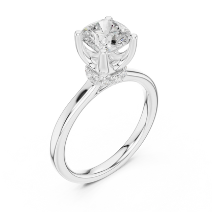 Front view of white gold cushion cut solitaire ring with hidden halo and domed band and lab-created diamond
