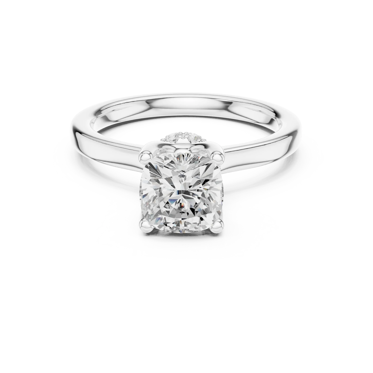 White gold cushion cut solitaire ring with hidden halo and domed band featuring lab-grown diamond, elegant design