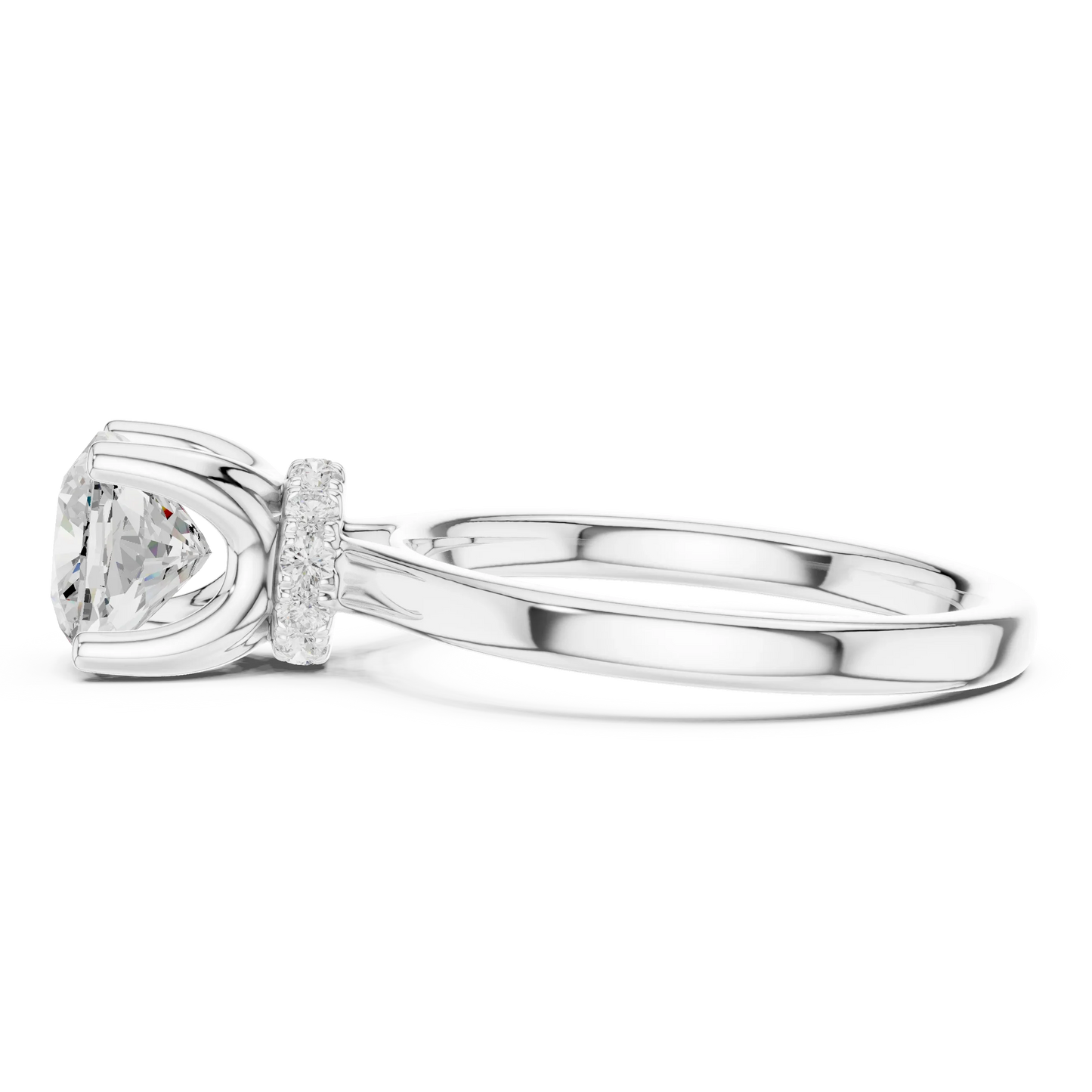 Side view of white gold cushion cut solitaire ring highlighting hidden halo and domed band design