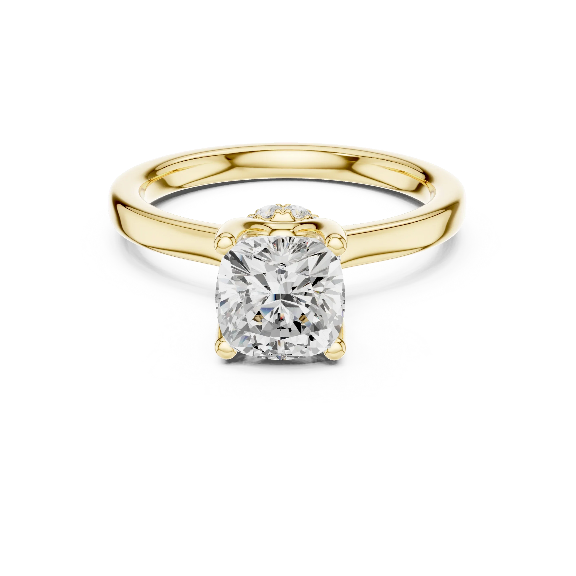Yellow gold cushion cut solitaire ring with hidden halo and domed band featuring lab-grown diamond, classic style