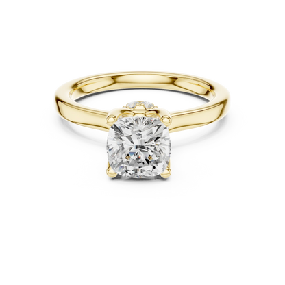 Yellow gold cushion cut solitaire ring with hidden halo and domed band featuring lab-grown diamond, classic style