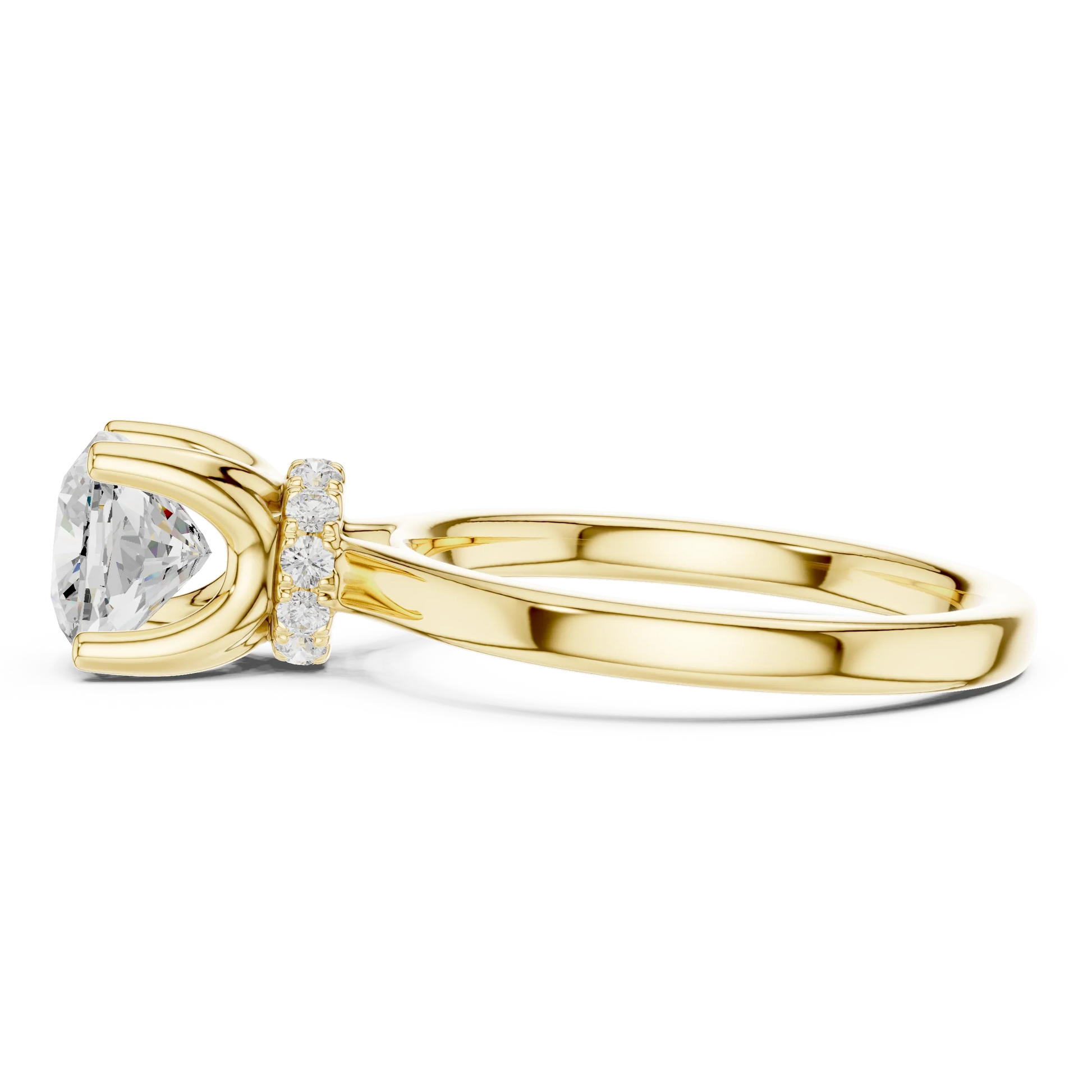 Side view of yellow gold cushion cut solitaire ring highlighting hidden halo and domed band design