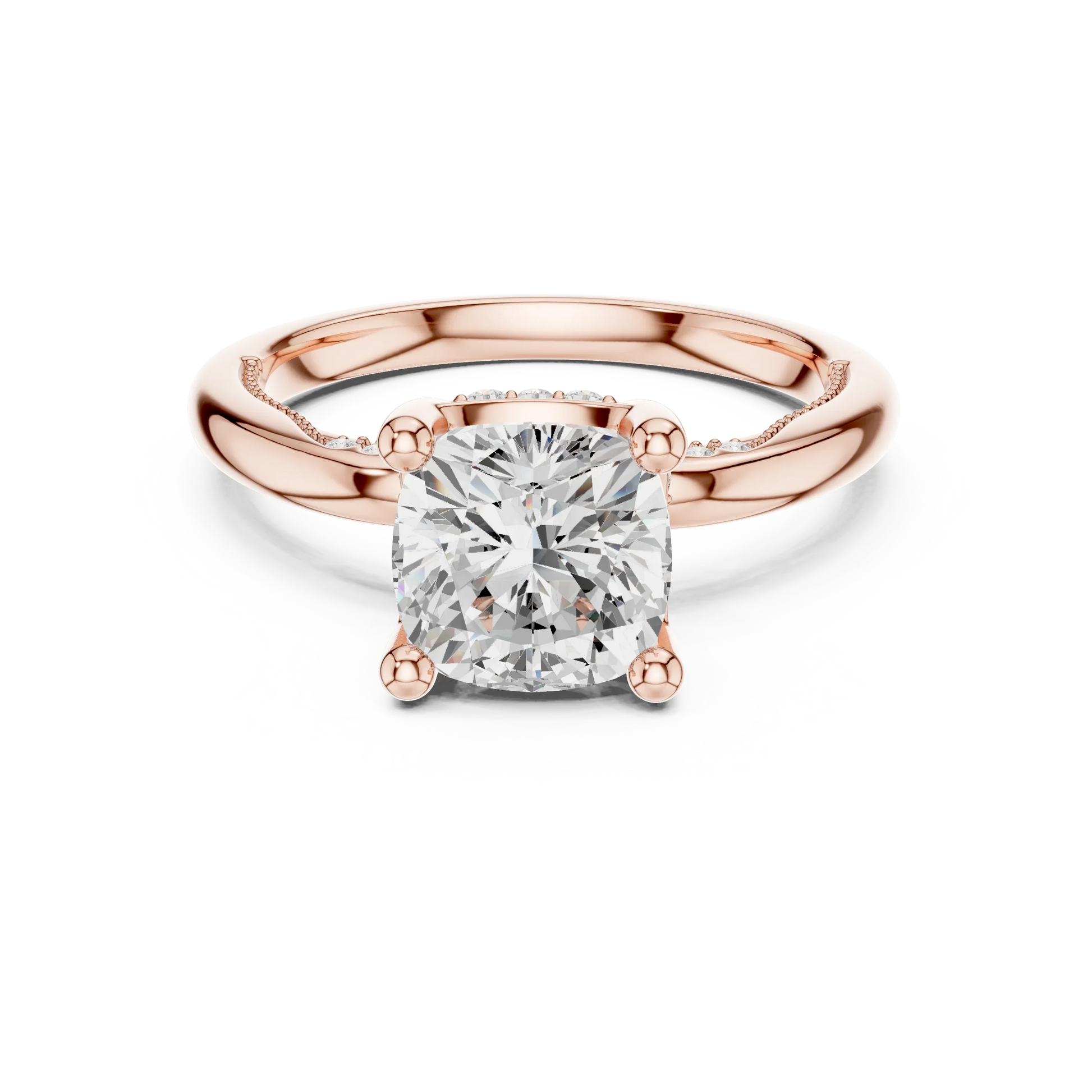 Rose gold cushion cut solitaire ring with hidden halo and domed band featuring lab-grown diamond, modern look